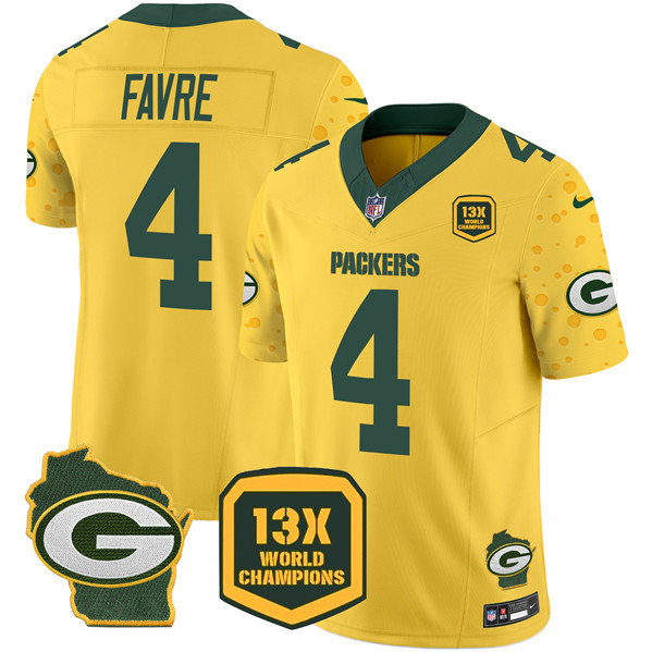 Men's Green Bay Packers #4 Brett Favre Cheese Gold 2024 F.U.S.E. 13 Time World Champions And Home Patch Vapor Untouchable Limited Stitched Football Jersey Men's Green Bay Packers #4 Brett Favre Cheese Gold 2024 F.U.S.E. 13 Time World Champions And Home Patch Vapor Untouchable Limited Stitched Football Jersey